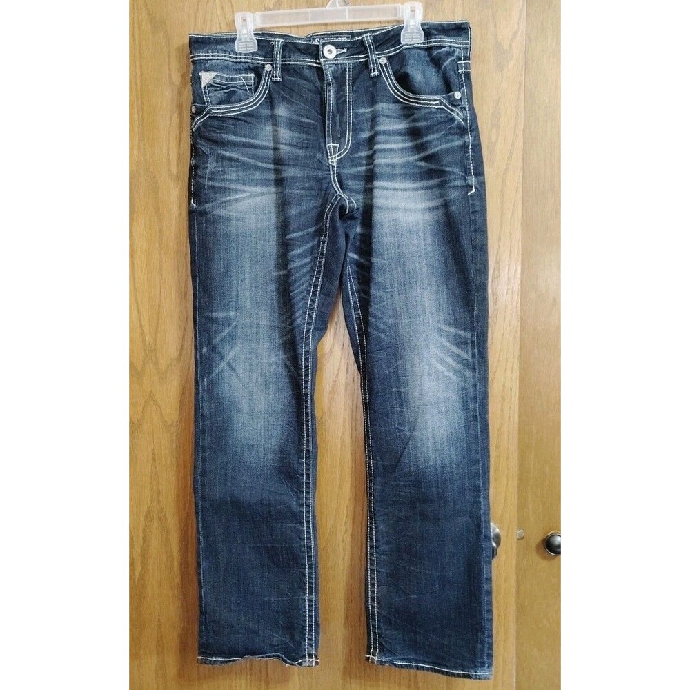 BKE Salvage Anarchy Jeans Relaxed Straight Dark Wash Faded Whiskered Mens 33R